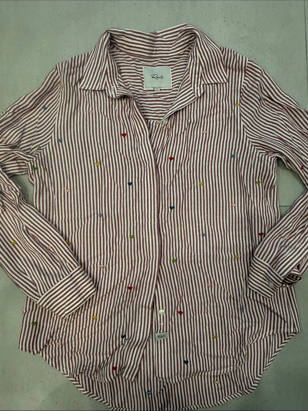 Rails Women's Red and White Striped Button-Down Shirt with Multicolor Embroidery